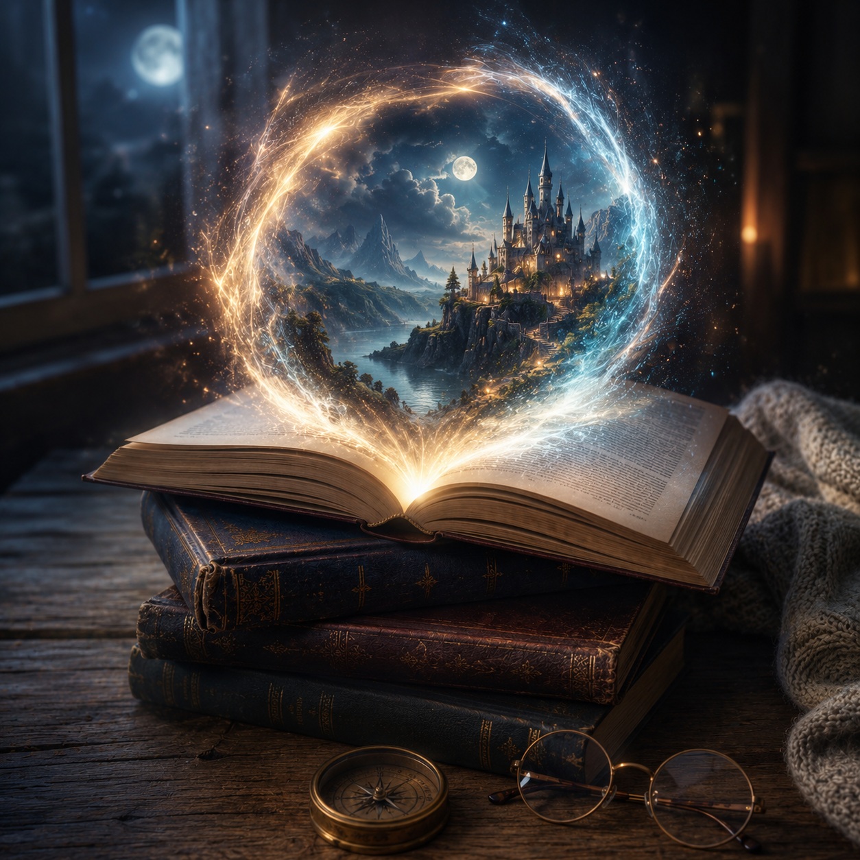 Открытая книга лежит на стопке старинных книг и открывает светящийся портал в мистический фантастический мир с замком, лунным светом и горами.