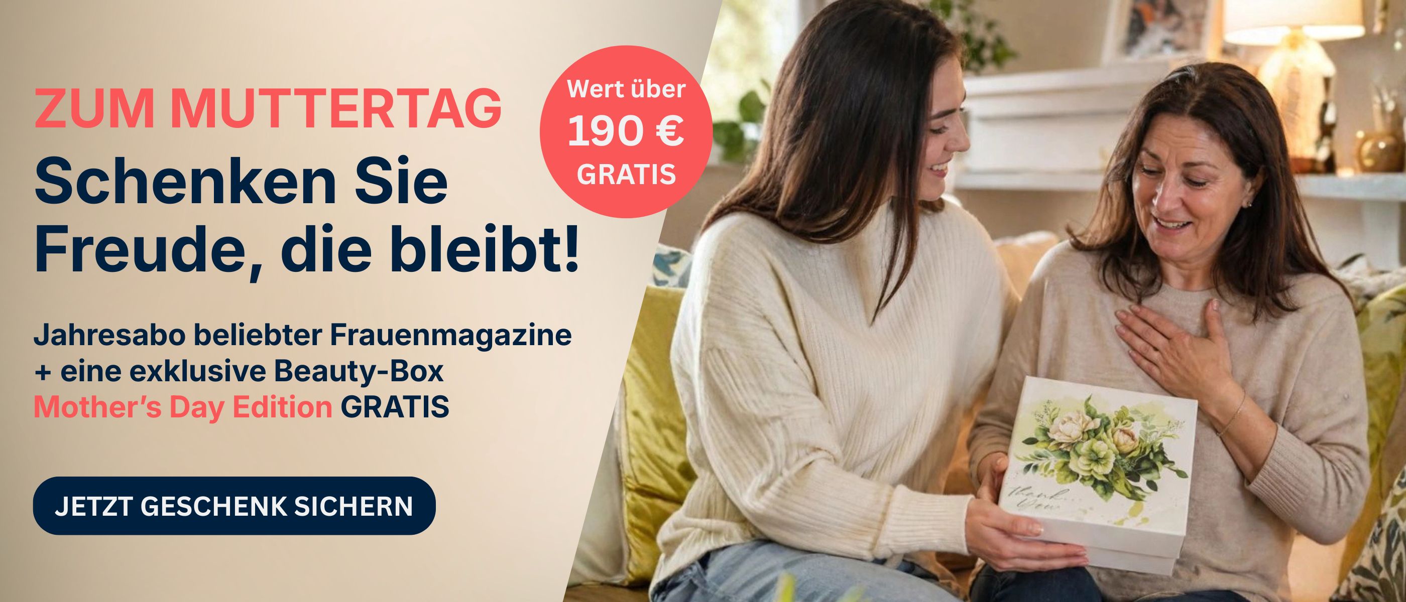 Banner mit emotionalen Familienmomenten: Eine Frau überreicht eine Geschenkbox, dazu Szenen mit Mutter und Kind sowie Herzmotiv aus Händen. Symbol für liebevolle Geschenkideen.