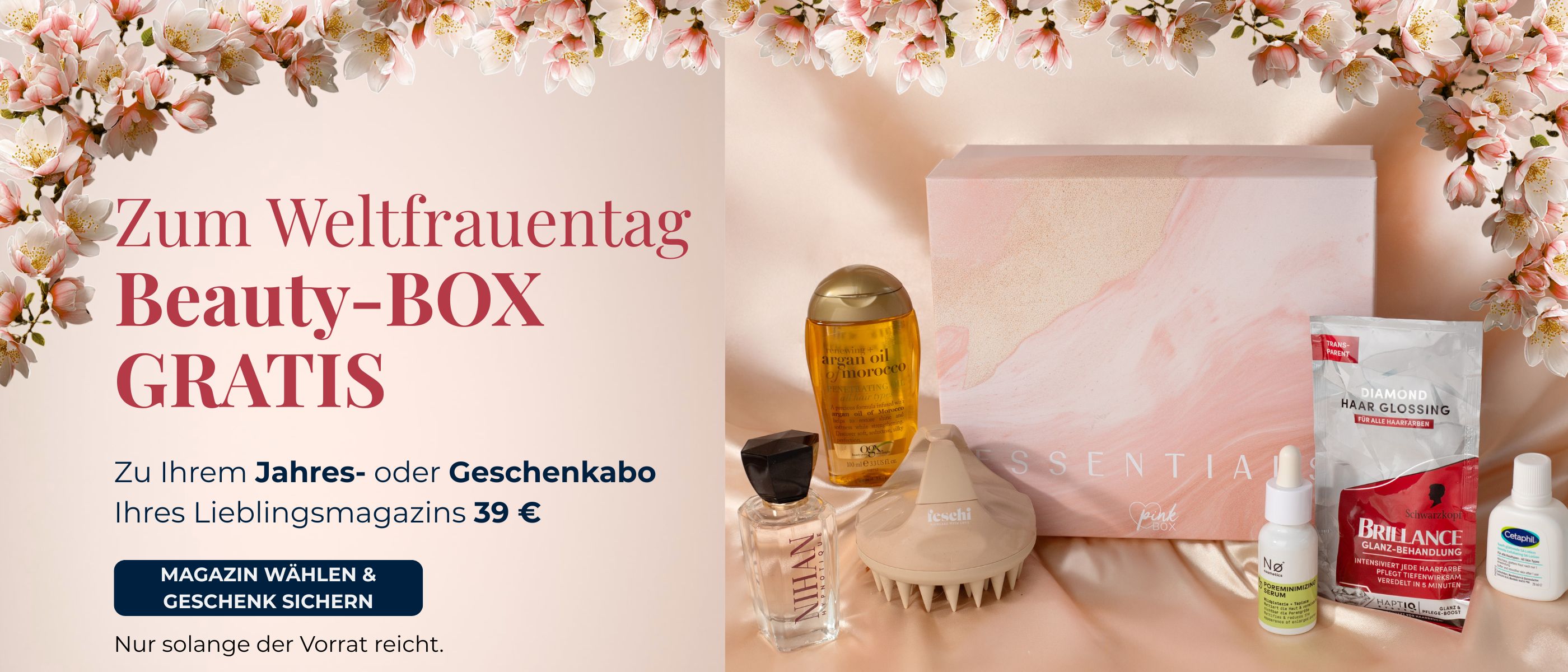 Banner zum Weltfrauentag mit Pink Beauty-Box und Beauty-Produkten. Text: ‚Beauty-Box gratis zum Jahres- oder Geschenkabo Ihres Lieblingsmagazins ab 39 €.‘ Button: ‚Magazin wählen & Geschenk sichern‘.