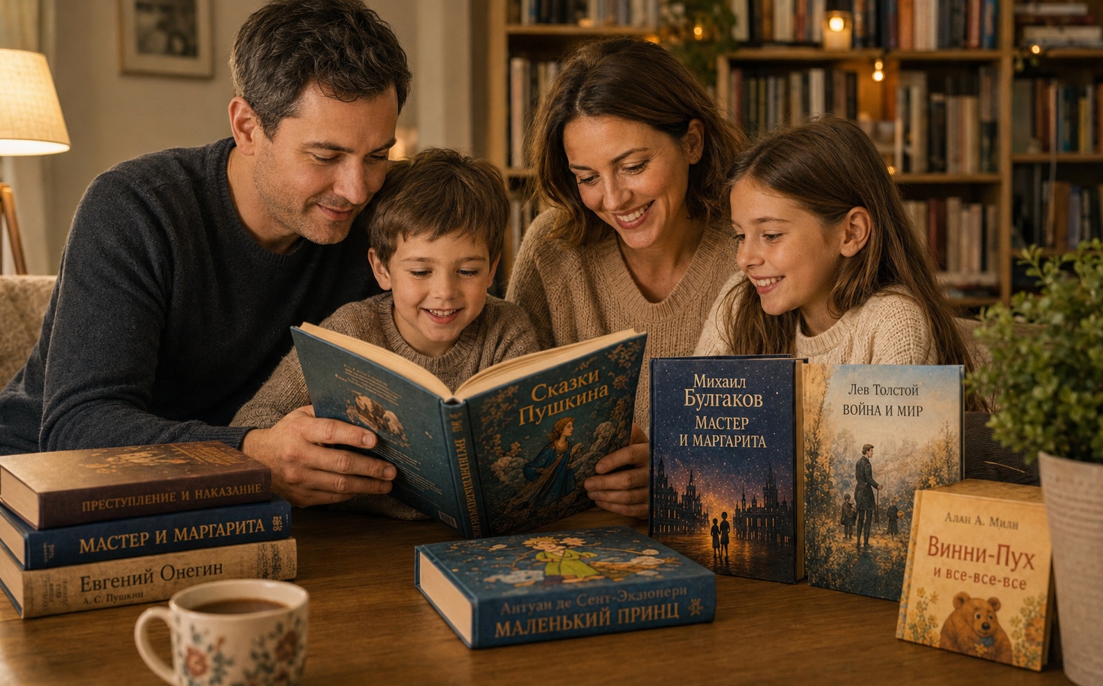 Семья уютно читает русскую детскую книгу в домашней гостиной, рядом лежат русские классические книги и стоит чашка чая.