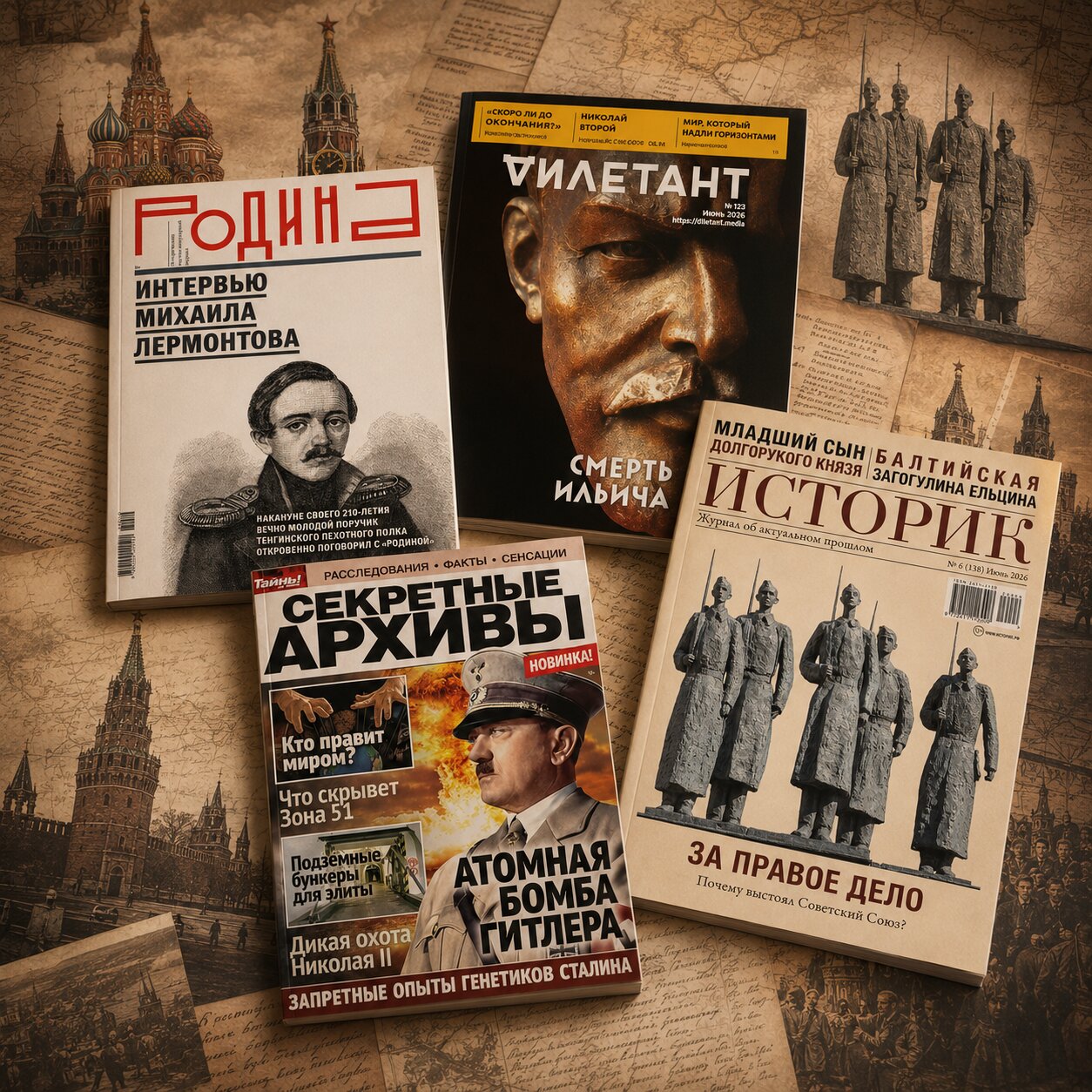 Несколько русских журналов об истории лежат на фоне старинных карт, рукописей и изображений, связанных с прошлым России.